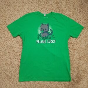 TeeTurtle Cat 4 Leaf Clover Feeling Lucky Mens L Green‎ Short Sleeve Shirt
